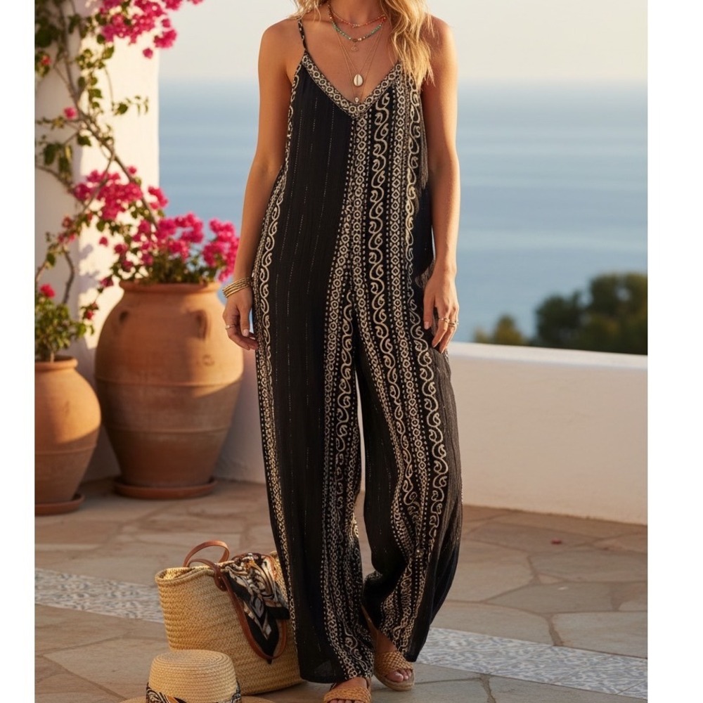 Zury Navy Boho Wide Leg Jumpsuit Beaded Trim Euro Summer Festival Free‎ Size